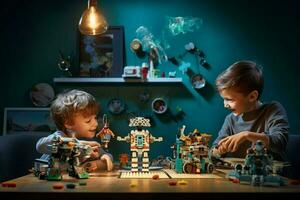 Children playing with robots and coding toys photo