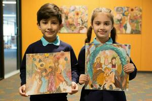 Children showing off their artwork photo