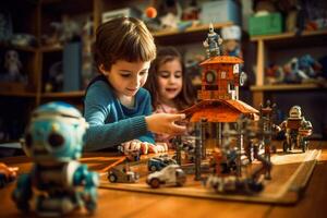Children playing with robots and coding toys photo