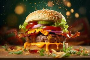 Close-up food photography of burger 3 layers with c photo