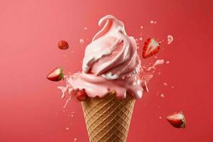 Delicious strawberry ice cream in cone floating in photo