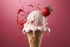 Delicious strawberry ice cream in cone floating in photo