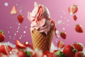 Delicious strawberry ice cream in cone floating in photo