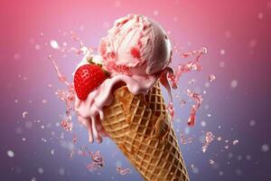 Delicious strawberry ice cream in cone floating in photo