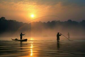 pescadores fundición su líneas dentro el agua foto