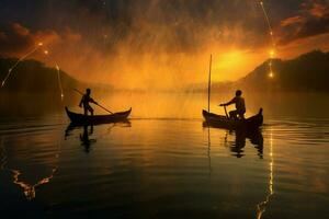 Fishermen casting their lines into the water photo