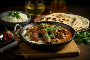 INDIAN FOOD Pork curry rogan josh with rice and na photo