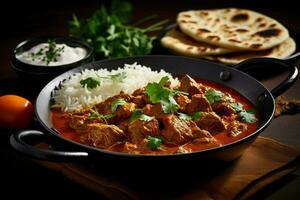 INDIAN FOOD Pork curry rogan josh with rice and na photo