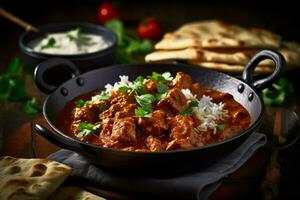 INDIAN FOOD Pork curry rogan josh with rice and na photo