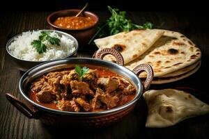 INDIAN FOOD Pork curry rogan josh with rice and na photo