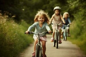 niños disfrutando un bicicleta paseo foto