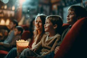 niños disfrutando un película noche con familia foto