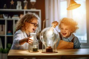 Kids having fun with science experiments photo