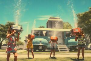 Kids playing with water guns on a hot day photo