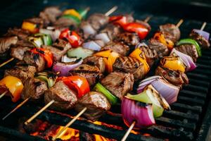 Marinated beef skewers paired with bell peppers and photo