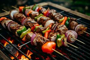 Marinated beef skewers paired with bell peppers and photo