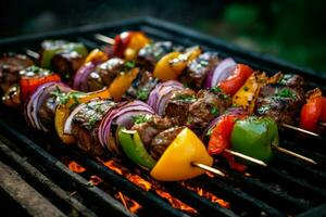 Marinated beef skewers paired with bell peppers and photo