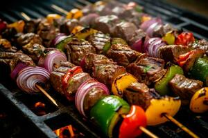 Marinated beef skewers paired with bell peppers and photo