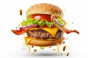 Realistic burger with flying ingredients Isolated photo