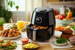 Realistic photo of air fryer on a table full of ric