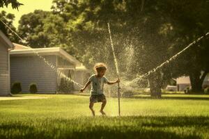 Running through a sprinkler photo