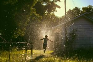 Running through a sprinkler photo