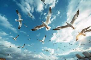 Seagulls soaring in the sky photo