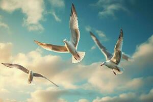 Seagulls soaring in the sky photo