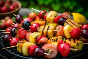 Skewers of fresh fruit including pineapple peach an photo