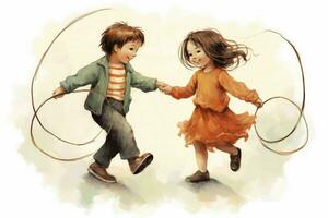 Smiling children holding hands and skipping photo