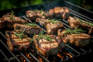 Succulent lamb chops marinated in garlic and rosema photo