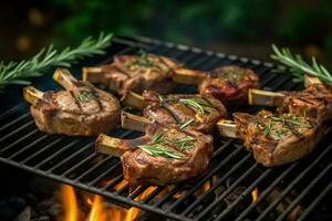 Succulent lamb chops marinated in garlic and rosema photo