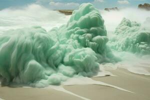 The seafoam creates a frothy canvas on the sand photo
