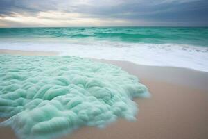 el espuma de mar crea un espumoso lona en el arena foto