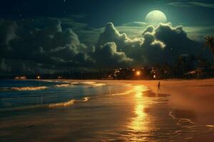 The soft glow of a full moon over the beach photo