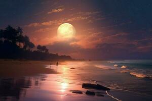 el suave resplandor de un lleno Luna terminado el playa foto