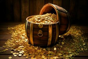 un barril de oro monedas es lleno con oro monedas foto