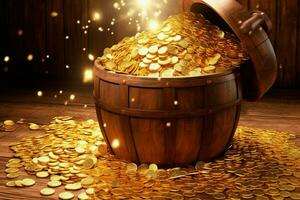 a barrel of gold coins is filled with gold coins photo