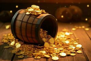 a barrel with gold coins on it and a lot of gold co photo