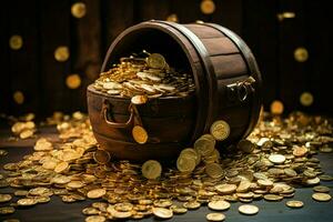 a barrel with gold coins on it and a lot of gold co photo