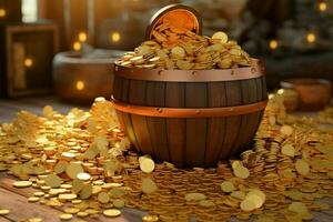 a barrel with gold coins on it and a lot of gold co photo