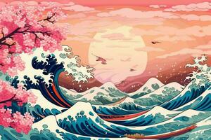 a background in abstract hokusai style featuring photo