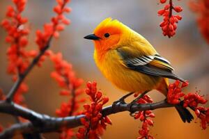 a bird with a yellow head and red feathers sits on photo