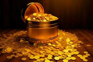 a barrel of gold coins is filled with gold coins photo