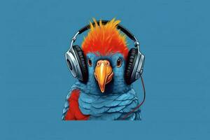 a bird with a headphones on and a shirt that says photo