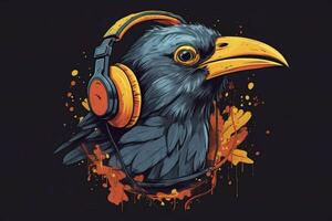 a bird with a headphones on and a shirt that says photo