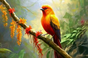 a bird with a yellow head and red feathers sits o photo