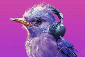 un pájaro con auriculares y un púrpura antecedentes foto
