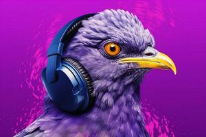 a bird with headphones and a purple background photo