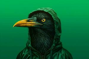 a black bird wearing a hoodie with a green background photo